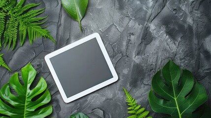 Poster - White tablet and white leaf on gray backdrop flat lay copy space