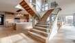 © pick pix - Modern home design featuring wooden staircase, glass railings, open kitchen, Scandinavian style.