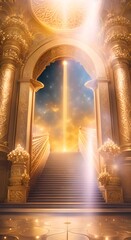 Poster - A celestial staircase ascending to the heavens, surrounded by golden columns and beautiful ornament with bright pillar of light leading to the universe, vertical background