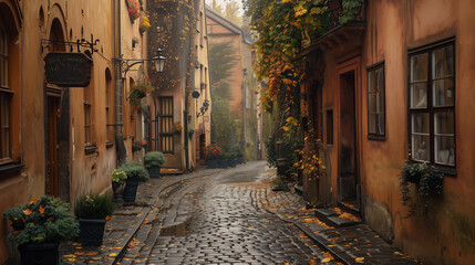 Cobblestone alleyway in a quaint European town