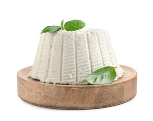 Fresh ricotta (cream cheese) with basil isolated on white