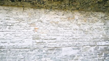 Wall Mural - Empty Old Brick Wall Texture. Painted Distressed Wall Surface. Grungy Wide Brickwall. Grunge white Stonewall Background. Shabby Building Facade With Damaged Plaster. Abstract Web Banner. Copy Space.