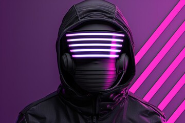 Sticker - Futuristic figure in black hood with neon purple lights creating a bold and hightech visual