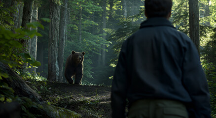 a bear attacks a man, in the woods.