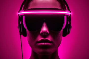 Canvas Print - Vibrant portrait of woman with neon headband creating a bold and futuristic visual in a sleek setting