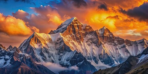 mount lhotse glowing in the sunset light with colorful sky in the background, mount lhotse, sunset, 