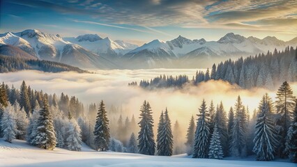 Wall Mural - Winter landscape with snowy mountains and forests in a light fog, winter, landscape, snowy, mountains, forests, fog, cold