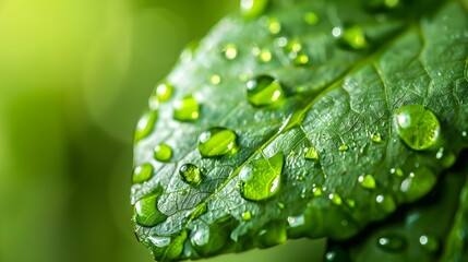 Macro photography of water drops on a green leaf