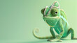© pattaraporn - Chameleon of the color green isolated pastel background, chameleon banner,  With text copy space. Generative ai