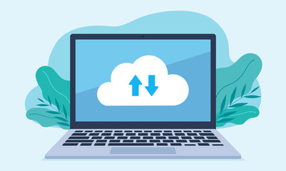 Poster - Flat design illustration. The cloud icon with the recording and download arrow is located on the laptop screen.