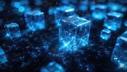 Wall Mural - Abstract Digital Cubes with Glowing Blue Lines