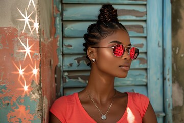 Canvas Print - Vibrant portrait of woman in red sunglasses with starry lights creating a bold and trendy visual