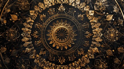 Ornate black and gold mandala patterns, rich detail.