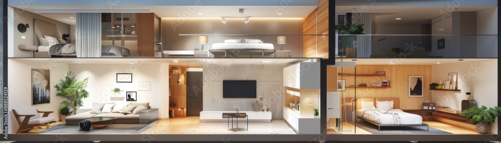 View of Minimalist floor plan, open space design, modern interior, realistic ...
