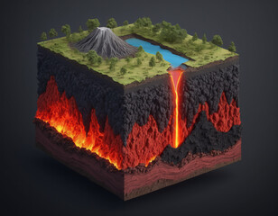 Wall Mural - Cross-section of a piece of the earth's crust, different composition and dynamic processes in the earth's layers and the geological changes on the earth's mantle, volcanic activity