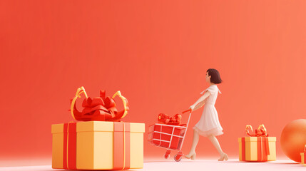 Wall Mural - 3d Chinese Miniature woman pushing a trolley by large gift box with red envelopes flying out