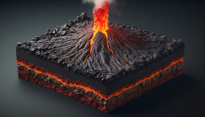 Cross-section of a piece of the earth's crust, different composition and dynamic processes in the earth's layers and the geological changes on the earth's mantle, volcanic activity