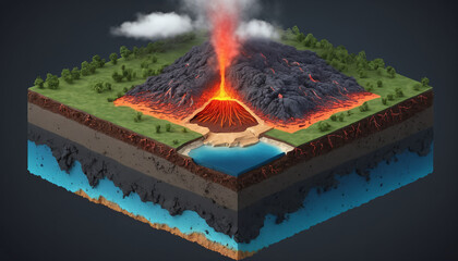 Cross-section of a piece of the earth's crust, different composition and dynamic processes in the earth's layers and the geological changes on the earth's mantle, volcanic activity