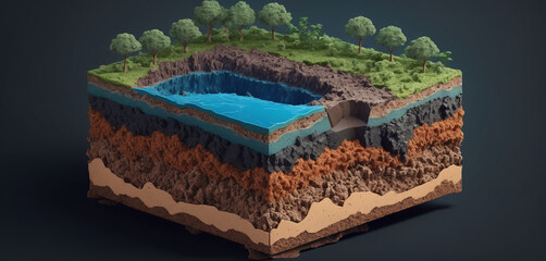 Cross-section of a piece of the earth's crust, different composition and dynamic processes in the earth's layers and the geological changes on the earth's mantle, volcanic activity