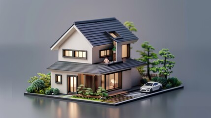 Detailed contemporary house model, home security elements, realistic background, high resolution, engaging and safe design