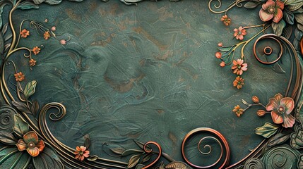 Wall Mural - Stylish Art Nouveau Background with Flowing Floral Designs and a Curved Bronze Frame