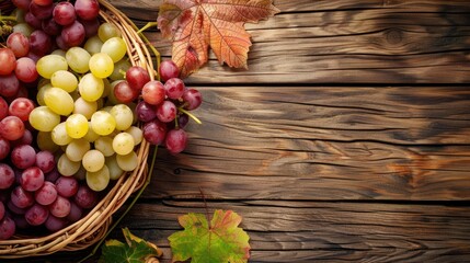 Wall Mural - Autumn vineyard harvest White and red grapes in a basket on a wooden table with space for text