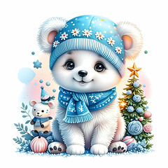 Wall Mural - bear  in the snow . christmas deco tree