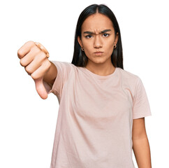 Sticker - Young asian woman wearing casual clothes looking unhappy and angry showing rejection and negative with thumbs down gesture. bad expression.