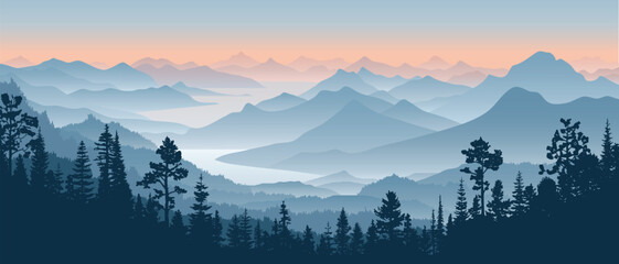 Sticker - Sunrise in the mountains, misty silhouettes of ridges, panoramic view, vector illustration