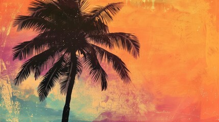 Wall Mural - Illustration sunset on a tropical beach with palm tree silhouette