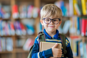 Smiling boy with glasses in library holding book education concept