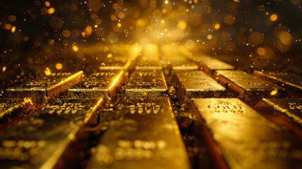 Poster - A row of gold bars are shown in a blurry, hazy light. The bars are all different sizes and shapes, but they all have the same color and shine. Scene is one of luxury and wealth
