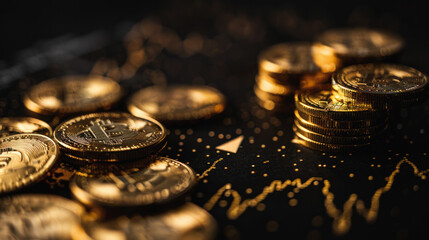 Poster - A pile of gold coins with a Bitcoin symbol on them. The coins are spread out on a black background