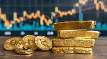Poster - A stack of gold bars and coins sit on a wooden table. The coins are labeled with the letters B and X