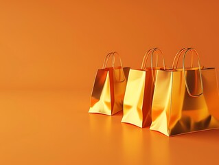 Minimalistic background featuring golden shopping bags on orange, perfect for promotional banners with wide text area, 3D rendered.