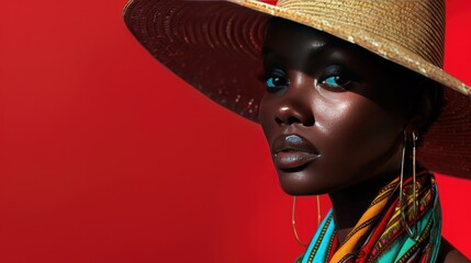 Sticker - A fashion photo of an African woman wearing a wide brim hat and colorful scarf against a red background.