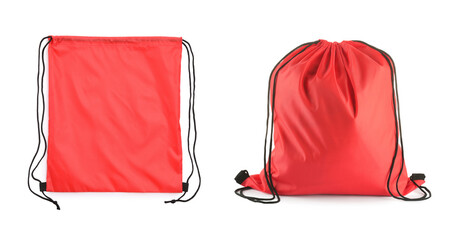 Wall Mural - Collage of empty and filled red drawstring bag isolated on white