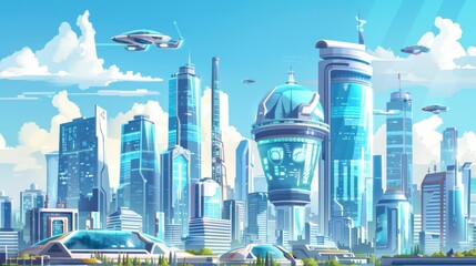 Sticker - Futuristic Cityscape with Skyscrapers and Space Ships in the Sky, Urban Travel and Technology Concept