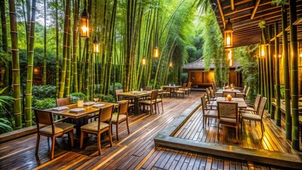 Lush bamboo forest surrounding a serene outdoor restaurant with traditional decor, Bamboo, Forest, Restaurant, Outdoor, Serene