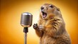 © suwatthana - Funny gopher singing karaoke with vintage microphone, gopher, karaoke, microphone, singing, funny, performance, entertainment