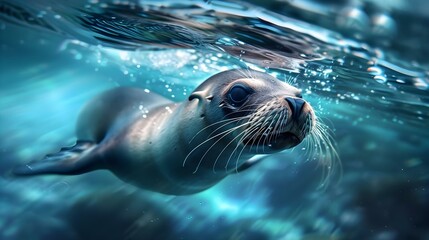 Wall Mural - Funny sea lion swimming underwater in the ocean