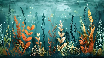 Wall Mural - Stylized underwater plant illustrations on textured background