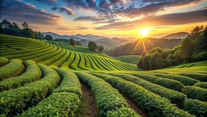 Green tea plantation in neat rows at sunrise capturing the beauty of agricultural landscapes, green tea, plantation