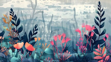 Wall Mural - Stylized underwater plant illustrations on textured background