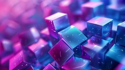 Poster - 3D rendering of a pile of randomly sized cubes with a pink to blue gradient.
