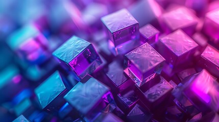 Poster - 3D rendering of a pile of randomly sized cubes with a pink to blue gradient.