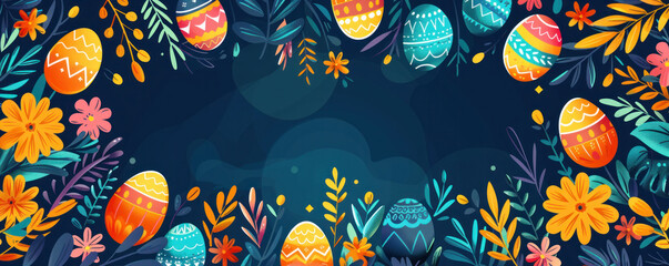 Poster - A colorful background with a bunch of eggs and flowers. The eggs are in various colors and sizes, and the flowers are also in different colors and sizes. Scene is cheerful and vibrant