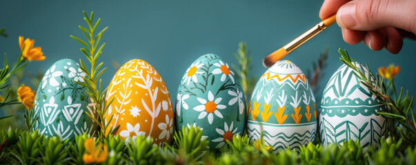Poster - A hand is painting a group of eggs with flowers and leaves. The eggs are arranged in a row on a green grassy field