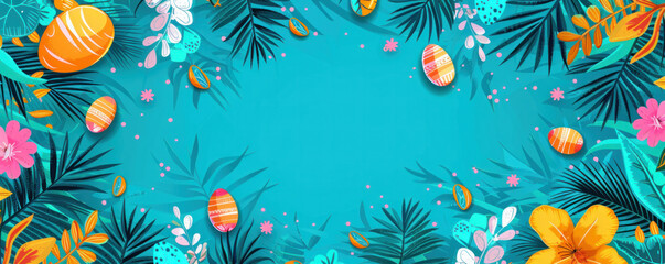 Poster - A blue background with a lot of flowers and eggs