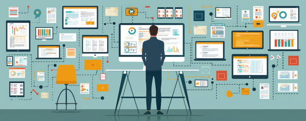 A man is standing in front of a computer monitor with many screens and a lot of data. Concept of productivity and focus, as the man is likely working on a complex project or analyzing data